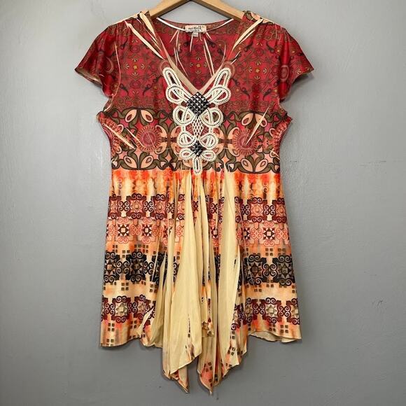 One World Sz Small Y2K Hippie Boho Fairy Sublimation Babydoll Tunic Top Mori Kei - Picture 1 of 12